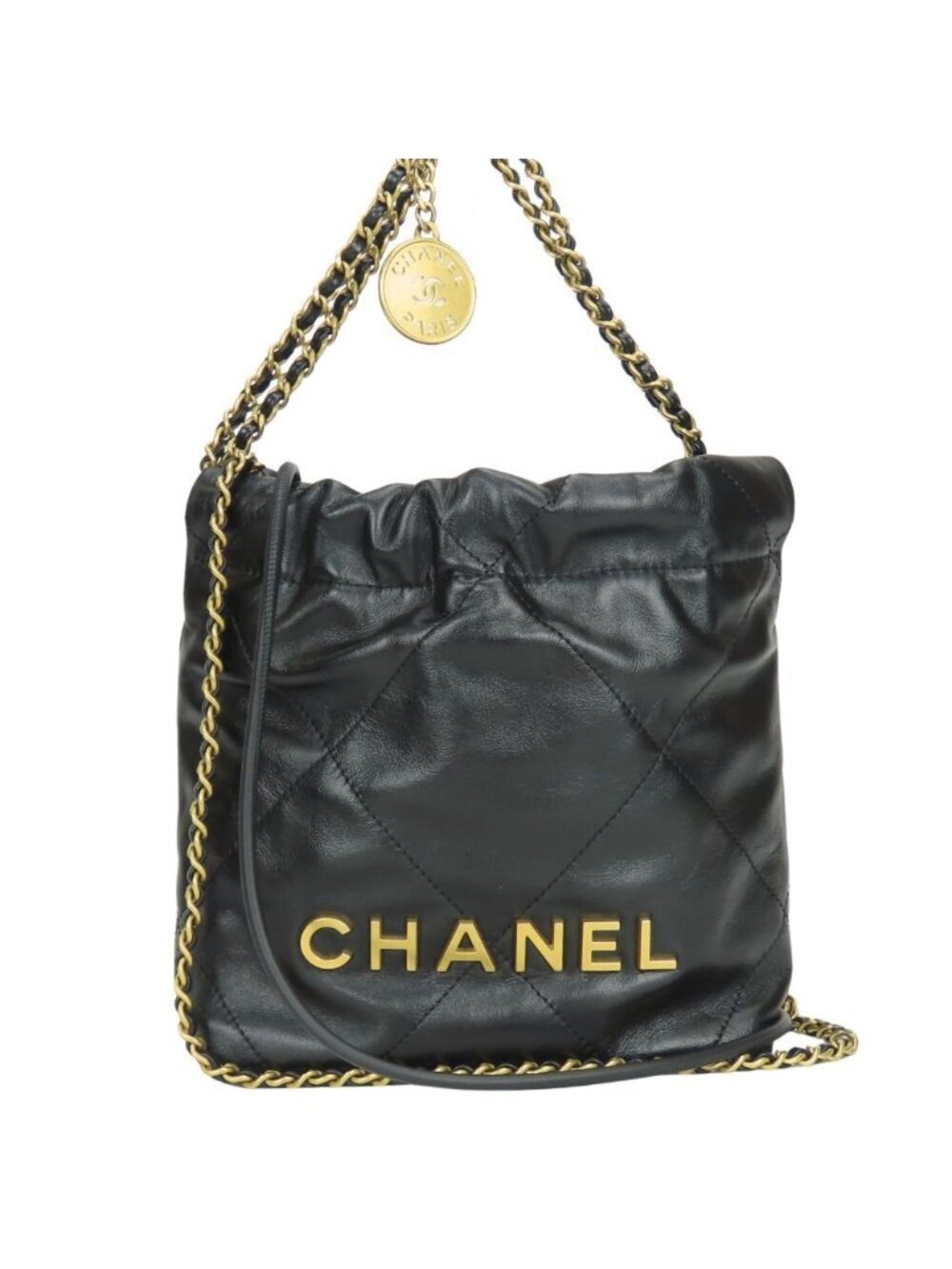 Chanel Shoulder Bag 22 Mini Shiny Calfskin Black Gold 2-Way Crossbody Chain